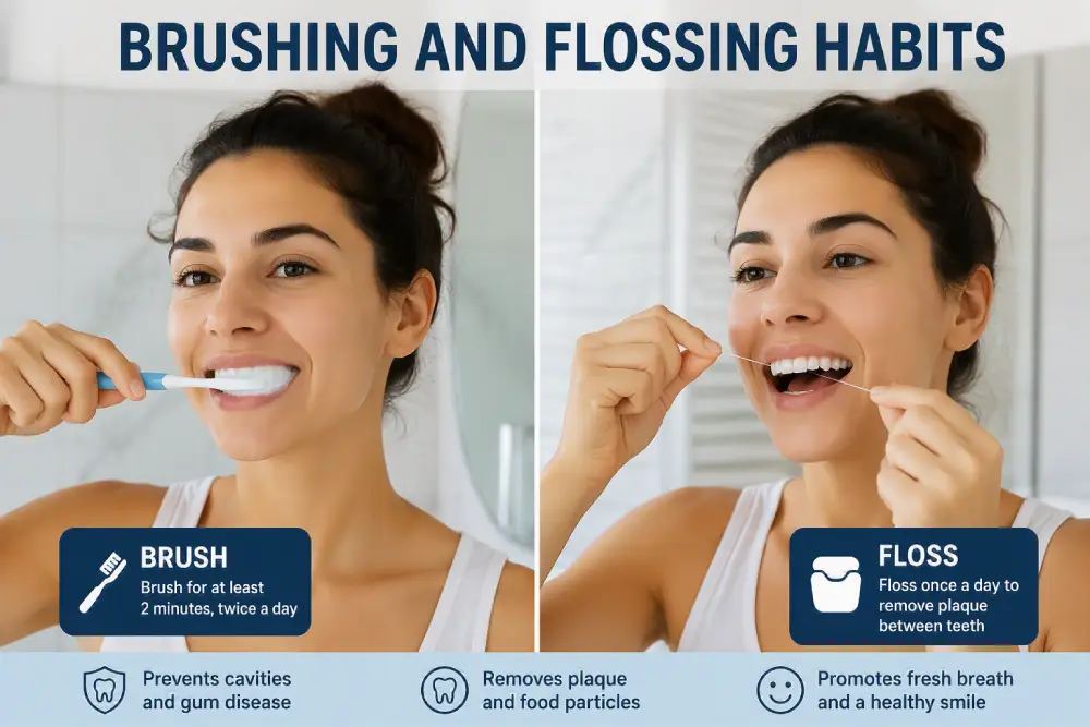 Daily oral hygiene routine essentials, from brushing and flossing to regular dental checkups