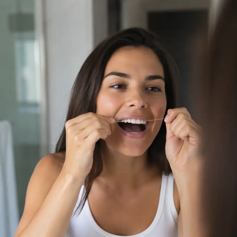 C-shape flossing between teeth, the most skipped of the brushing and flossing habits