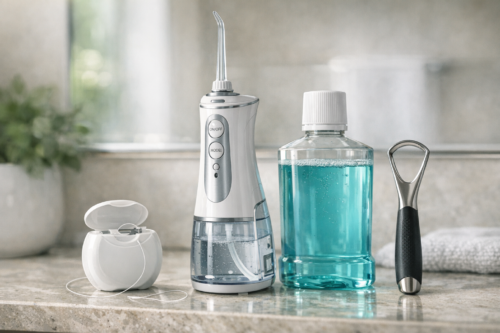 Person flossing teeth with dental floss