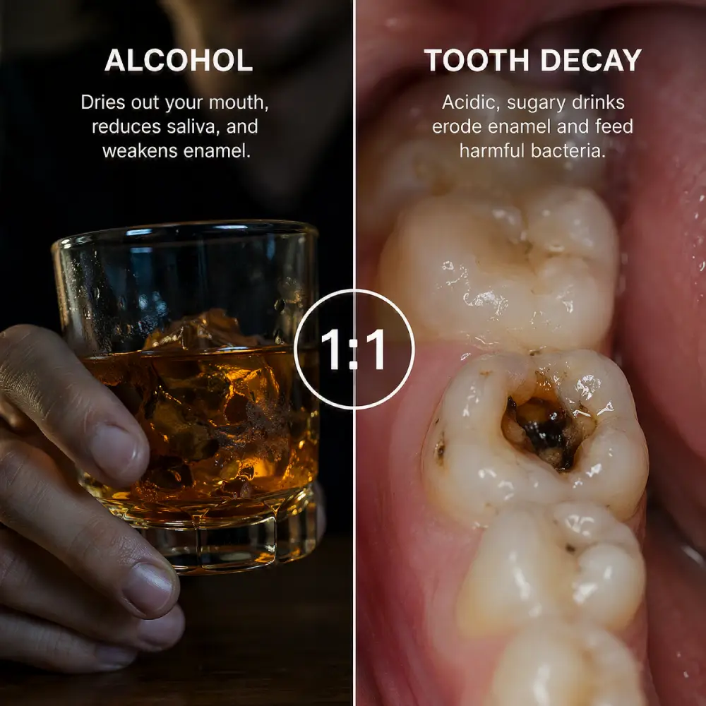 Alcohol and tooth decay caused by acidic, sugary drinks