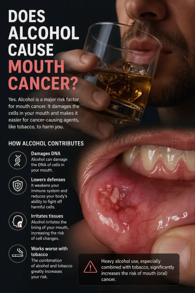 Does alcohol cause mouth cancer? Oral cancer screening at a dental exam