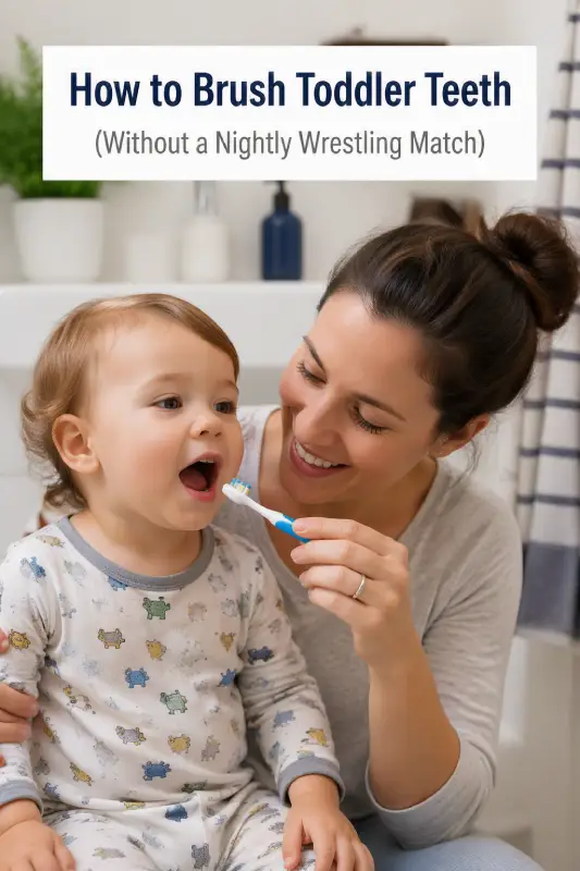 How to brush toddler teeth — parent brushing an infant’s first teeth with a soft brush