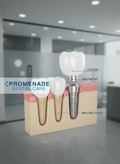 Cross-section diagram of a dental implant showing the titanium post in the jawbone, the abutment connector, and the porcelain crown above the gum line