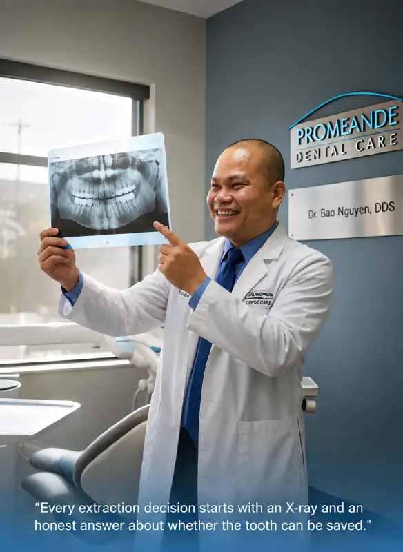 Dr. Bao Nguyen, DDS, reviewing digital X-rays of a patient’s teeth during a $20 dental exam in Murrieta, CA