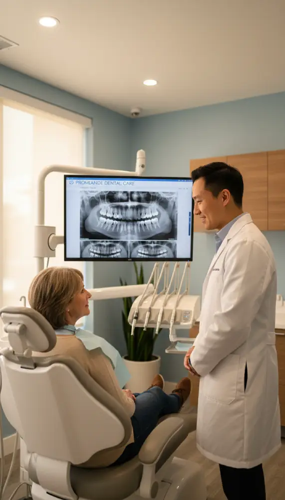 Dr. Bao Nguyen reviewing digital X-rays with a patient during a dental exam in Murrieta