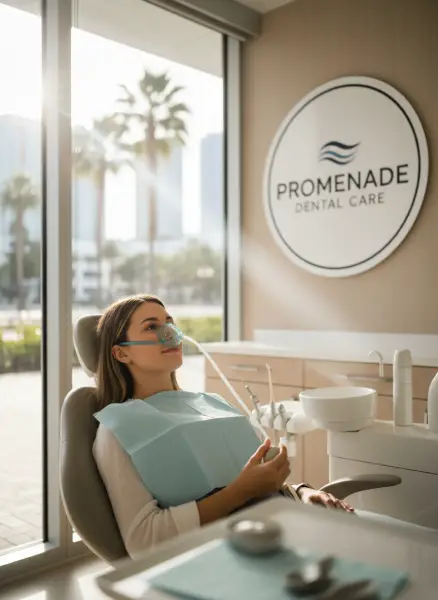 Patient relaxing with a nitrous oxide nasal mask during a dental appointment at Promenade Dental Care