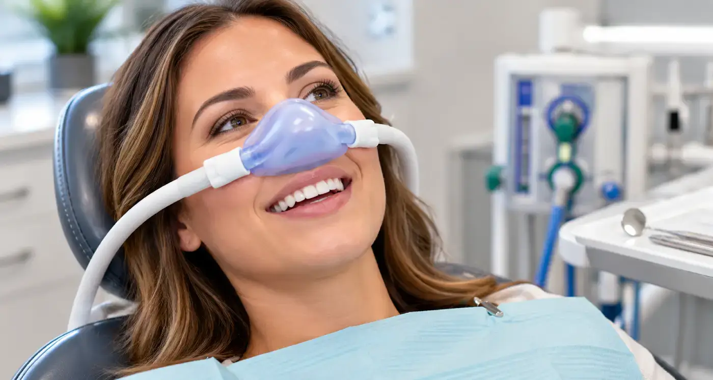 a woman with a nitrous mask that sits over her nose only, so her mouth is free and you can still talk.