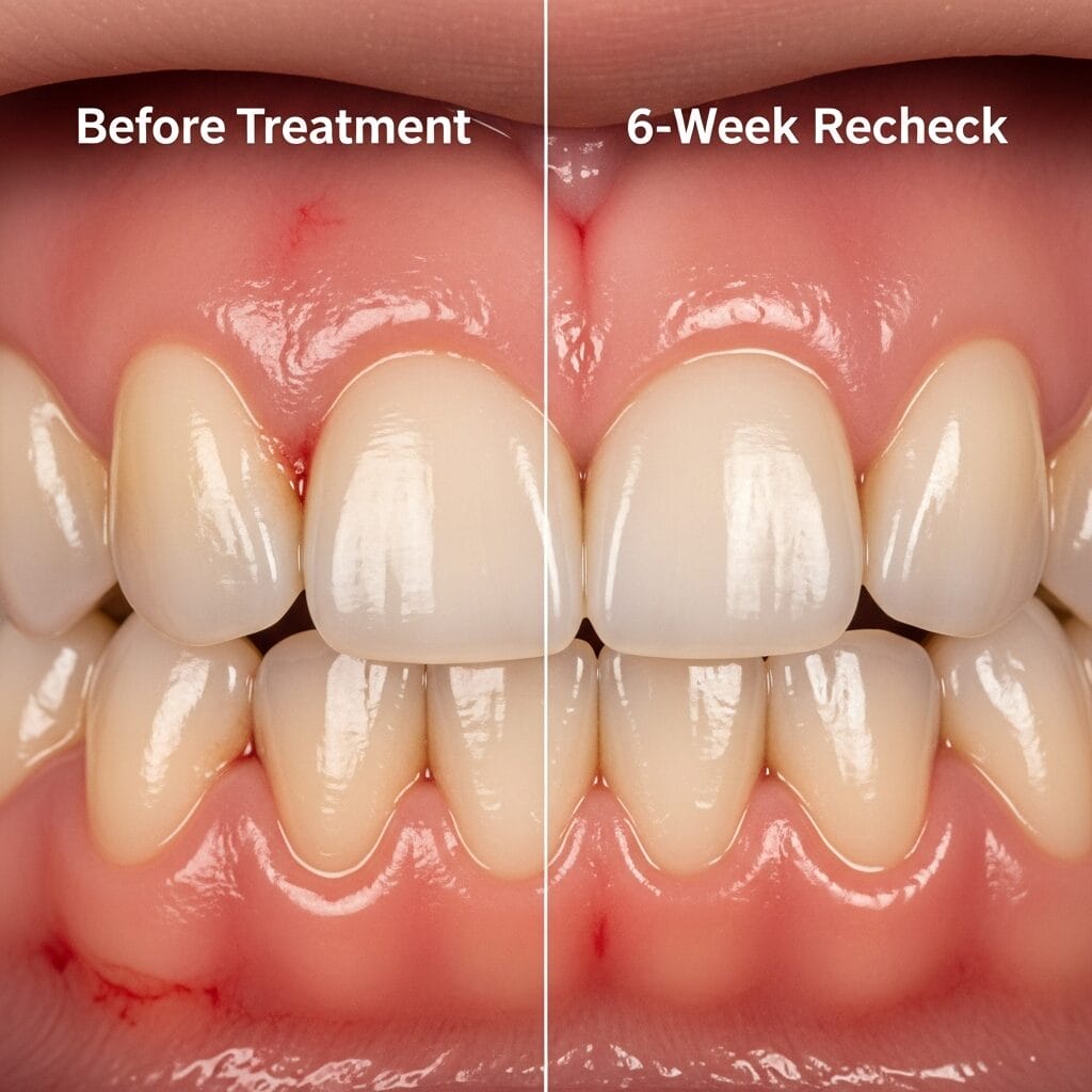 Illustration of inflamed gums before treatment and healthier gums at a six-week recheck