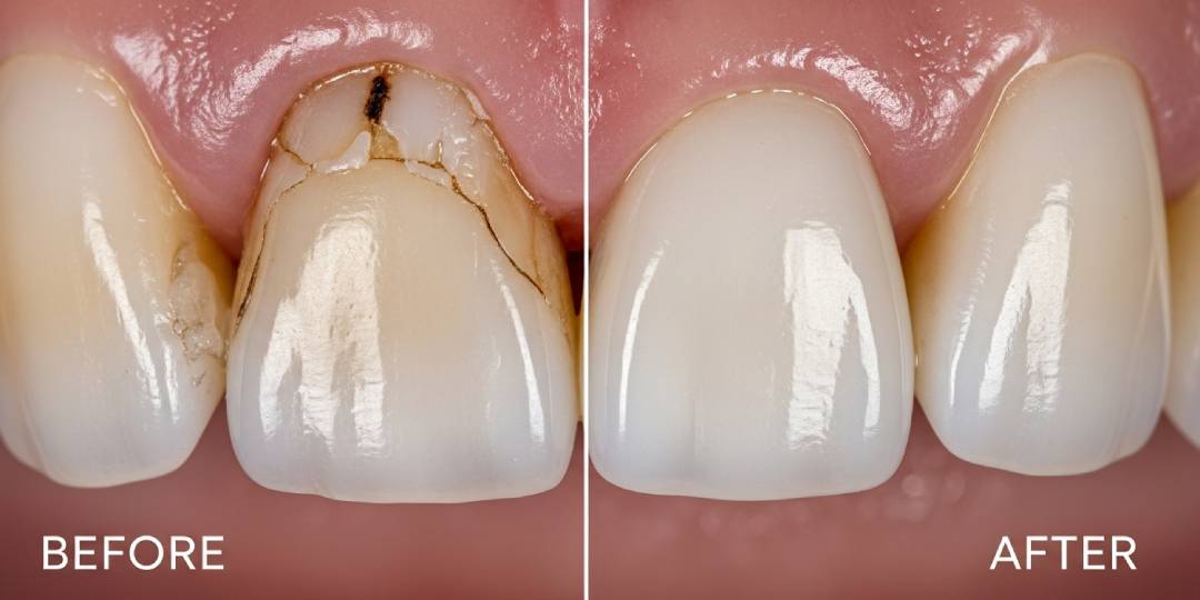 Broken tooth crown before and after at Promenade Dental Care — same-day ceramic crown restoration in Murrieta