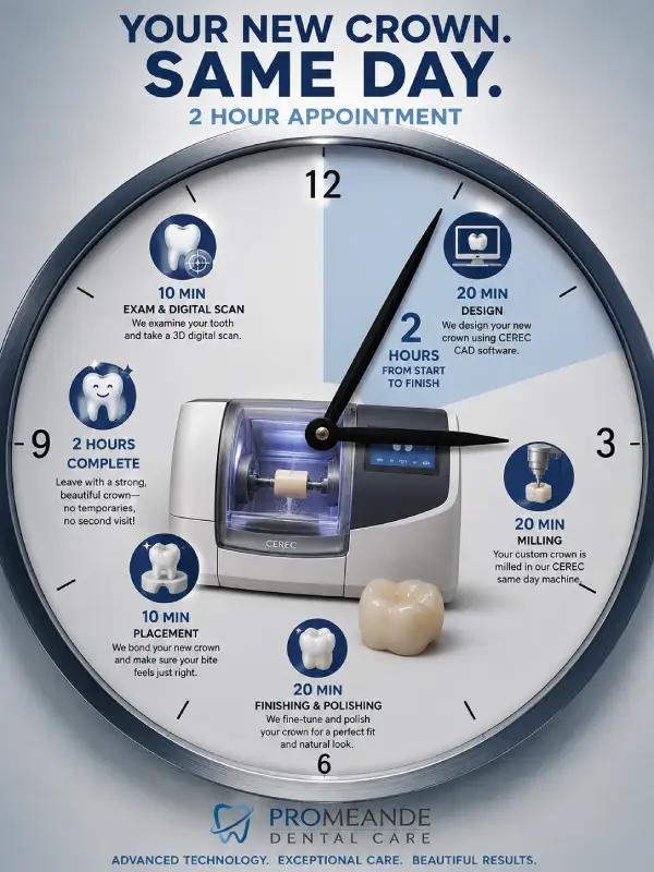 Clock showing the two-hour same-day crown appointment at Promenade Dental Care in Murrieta