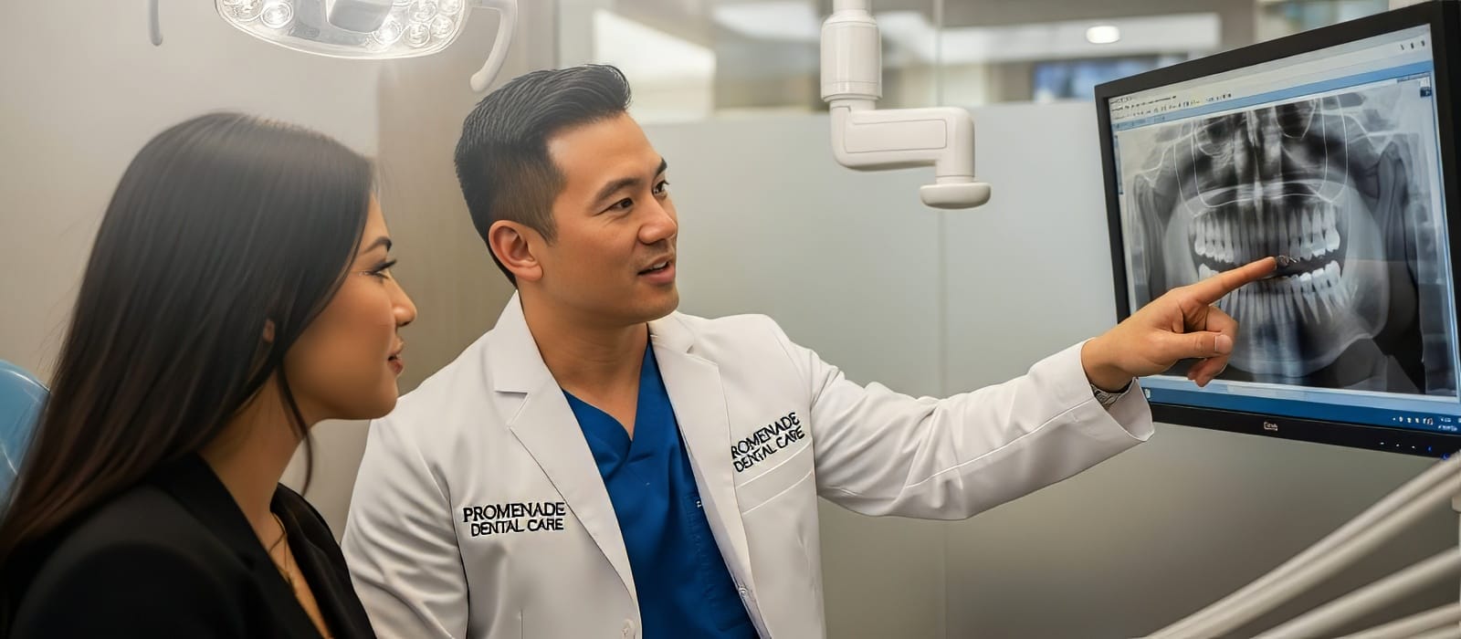 Dental exam Murrieta — Dr. Bao Nguyen reviews digital X-rays with a patient at Promenade Dental Care