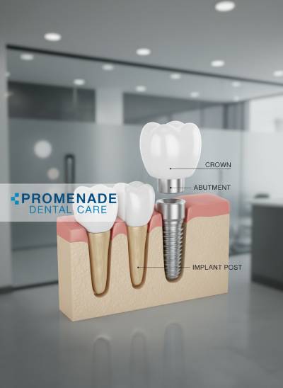 Anatomy of a dental implant showing titanium post, abutment, and porcelain crown