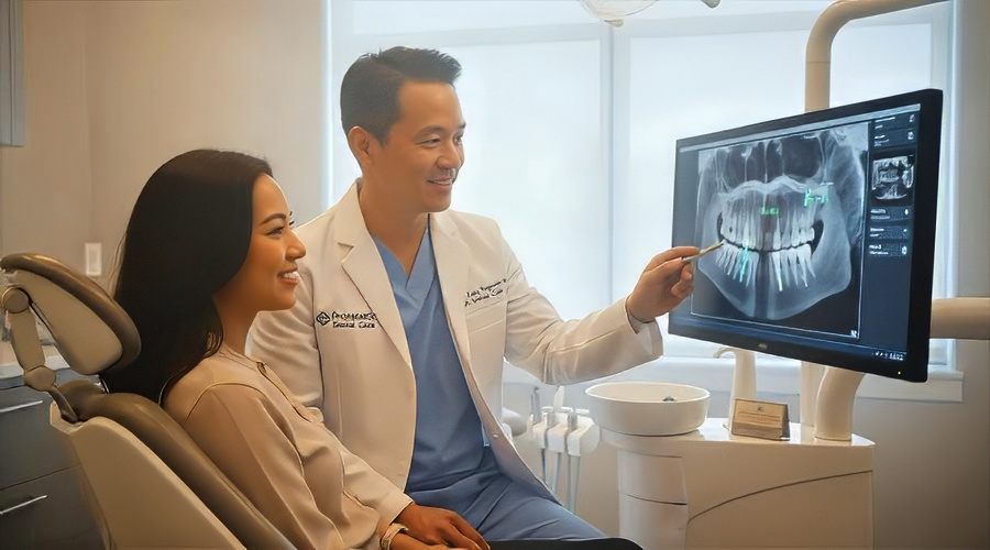 Dr. Bao Nguyen reviewing 3D implant planning scan with a patient at Promenade Dental Care in Murrieta, CA