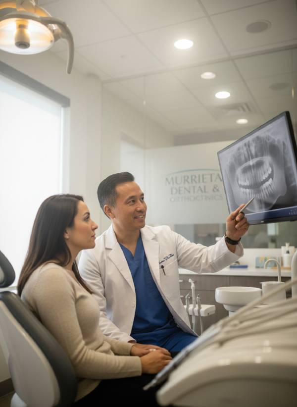 Panoramic dental X-ray used to plan wisdom teeth removal in Murrieta, showing tooth angle, root shape, and nerve position