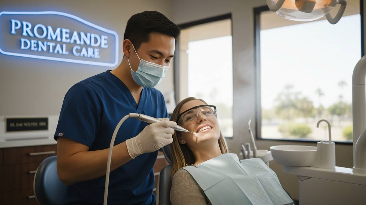 Hygienist performing ultrasonic teeth cleaning on a patient at Promenade Dental Care in Murrieta