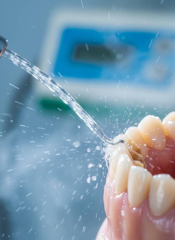 Close-up of an ultrasonic scaler tip removing tartar with water spray