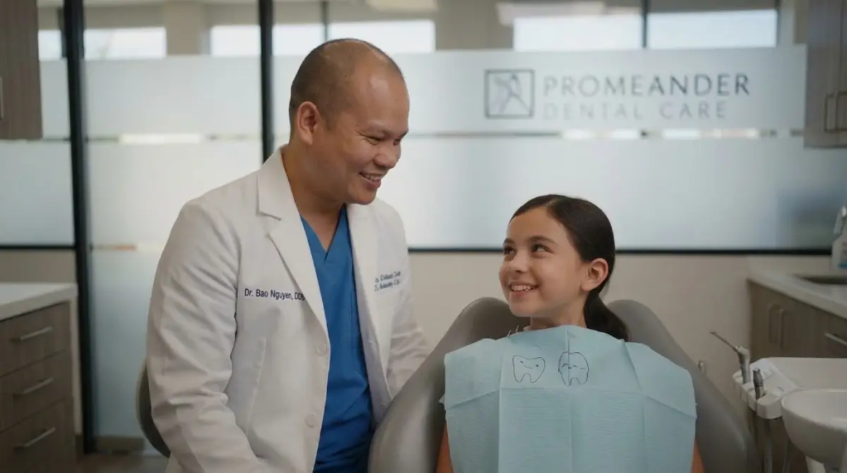 Dr. Bao Nguyen, DDS, examining a young child's teeth at Promenade Dental Care in Murrieta, CA