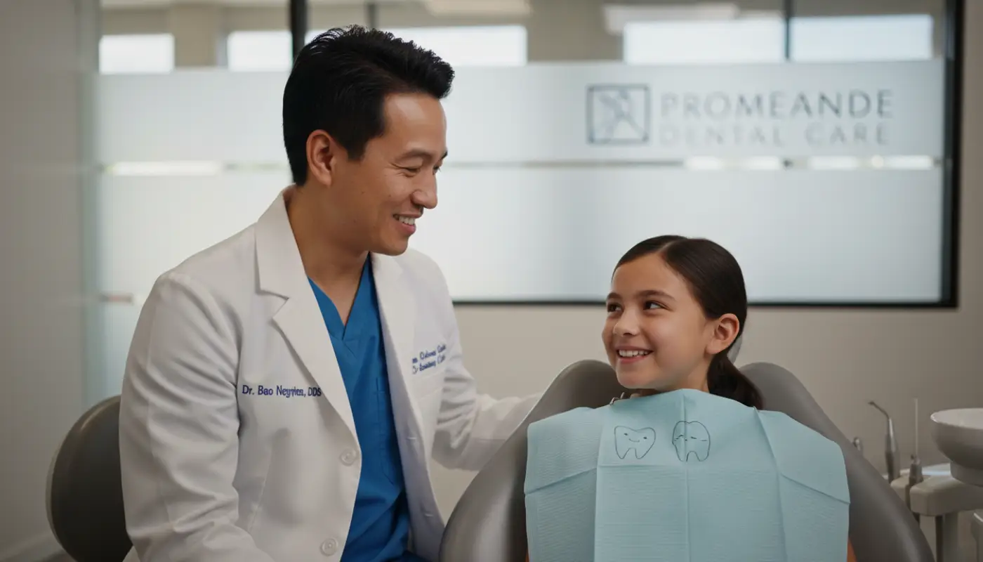 Dr. Bao Nguyen during a pediatric dental exam at Promenade Dental Care in Murrieta