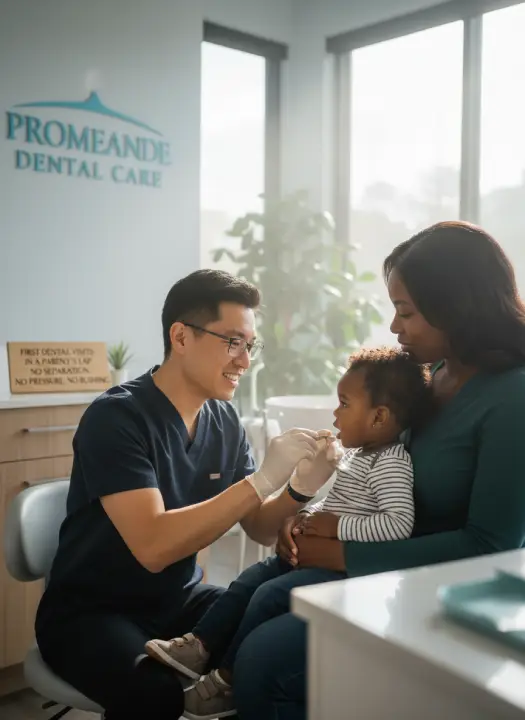 Toddler dental exam in parent's lap at Promenade Dental Care — no separation, no pressure