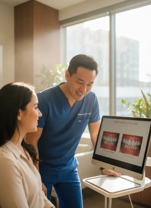 Dr. Bao Nguyen discussing cosmetic options with a patient using digital photos
