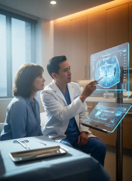 Dr. Bao Nguyen reviewing surgical imaging with a Murrieta oral surgery patient