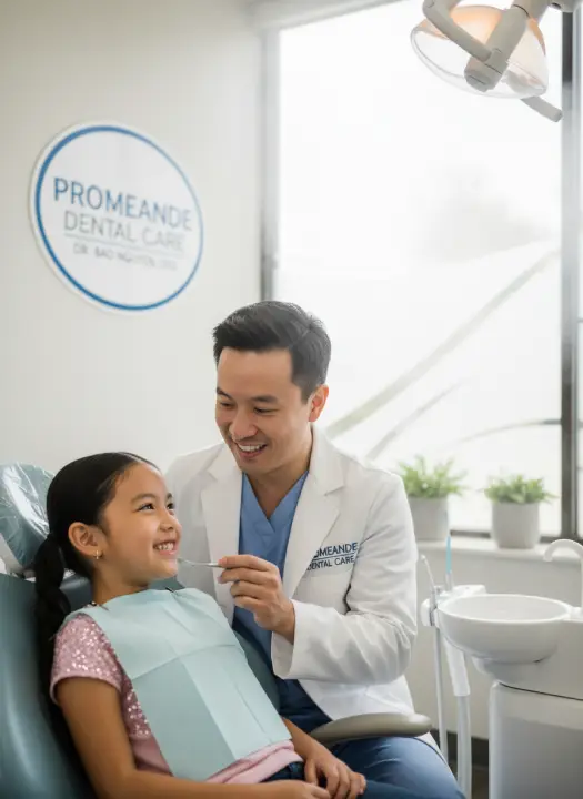 Dr. Bao Nguyen, DDS, conducting a pediatric dental exam at Promenade Dental Care in Murrieta