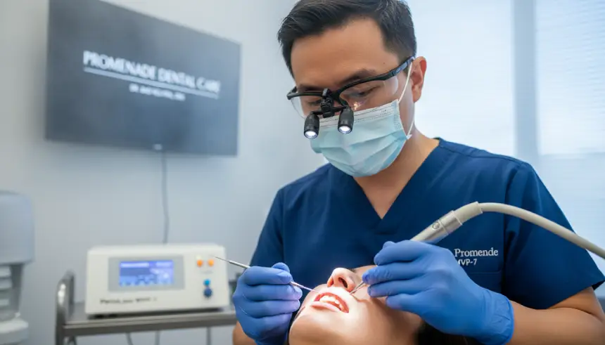 Minimally invasive laser periodontal therapy treating a gum pocket