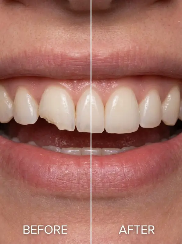 Before and after of a chipped upper front tooth rebuilt in one visit with shade-matched composite bonding in Murrieta