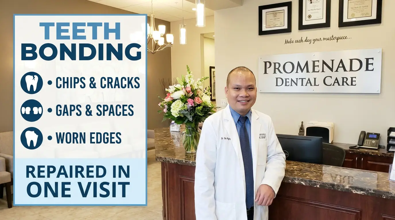 Teeth bonding in Murrieta for chips, gaps, and worn edges, repaired in one visit at Promenade Dental Care