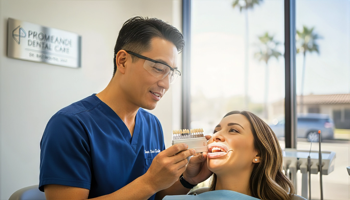 Murrieta teeth bonding: Dr. Bao Nguyen matching a composite shade guide to a patient’s natural enamel