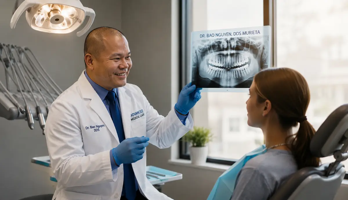 Dr. Bao showing girl an xray of inflamed wisdom teeth