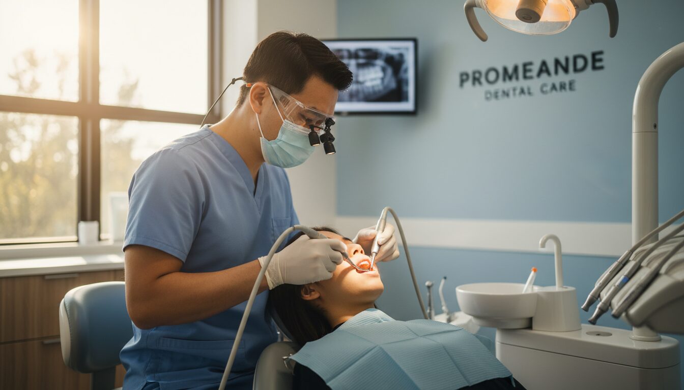 Dr. Bao performing periodontal exam or deep cleaning