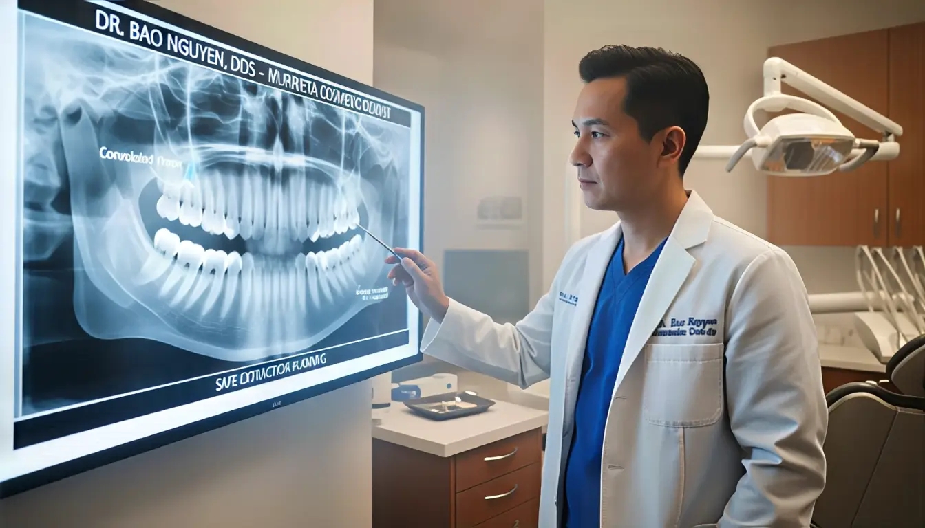 A panoramic X-ray reveals tooth angle, root shape, and nerve position — the key to planning a safe extraction.