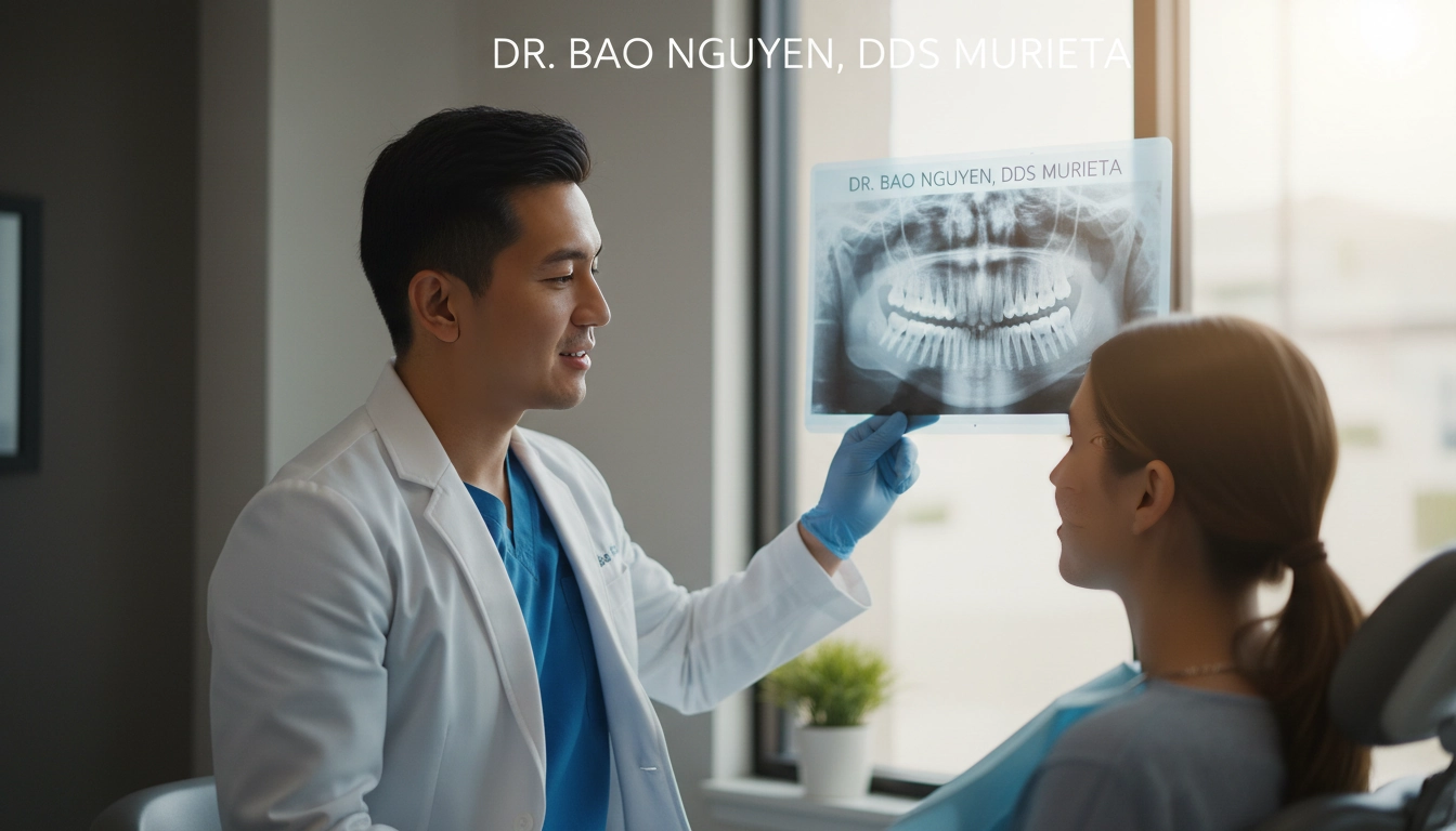 Murrieta dentist Dr. Bao Nguyen reviewing a panoramic X-ray of impacted wisdom teeth with a relaxed patient