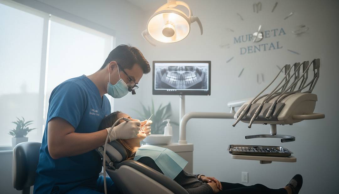 Dr. Bao Nguyen performing a filling or examining a patient in the Murrieta operatory.