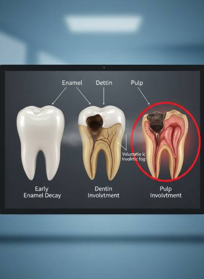 Diagram showing cavity progression from early enamel decay through dentin to pulp involvement