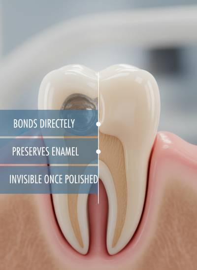 Tooth-colored composite filling blending invisibly with natural tooth enamel