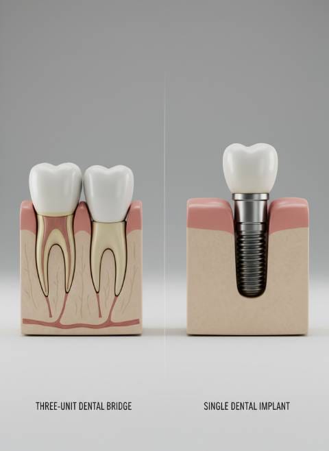 Side-by-side comparison of a three-unit dental bridge and a single dental implant replacing a missing tooth