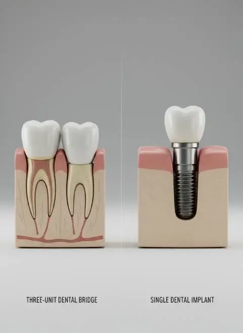 Diagram comparing a three-unit dental bridge with a single dental implant replacing one missing tooth