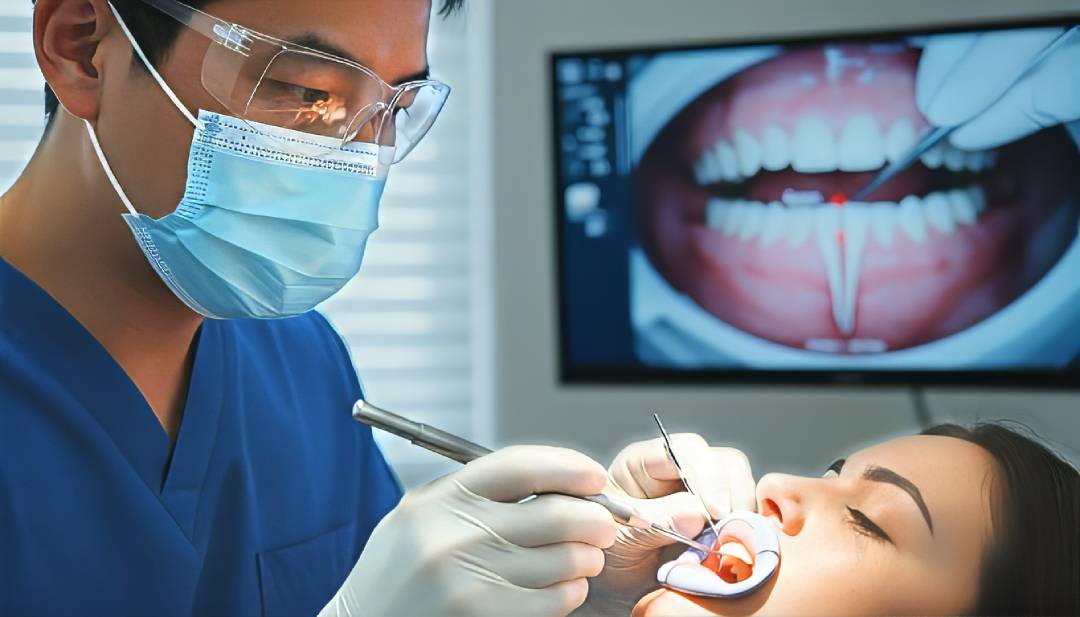 Close-up of periodontal probing / gum evaluation, or intraoral camera image on the chairside monitor.