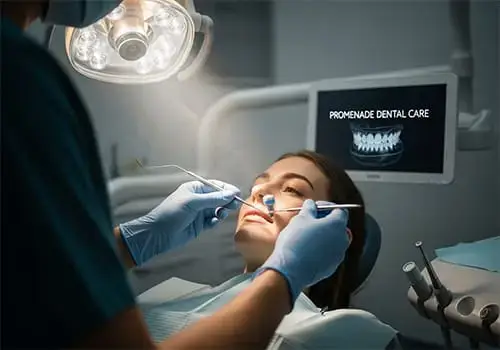 Patient reclined in a dental chair at Promenade Dental Care with a 3D dental scan on the monitor behind her