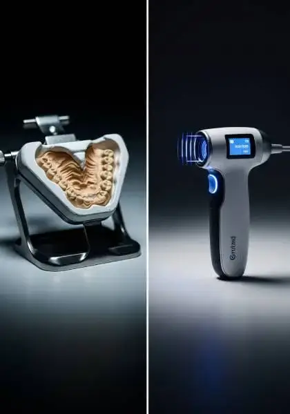 Dentist placing a dental implant through a clear surgical guide while a 3D implant plan shows on the monitor