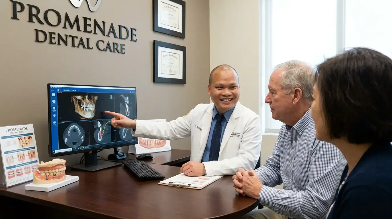 Dr. Bao Nguyen reviewing a 3D implant plan with a patient in Murrieta