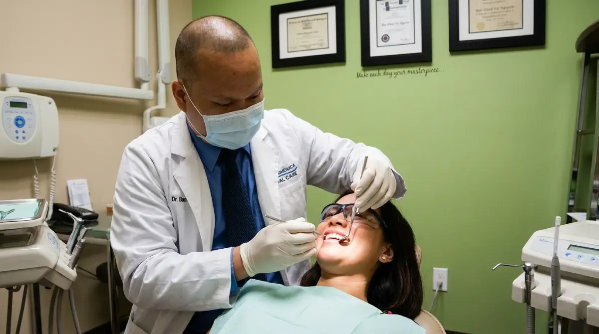 Dr. Bao Nguyen performing a gentle dental exam on a patient in Murrieta, CA
