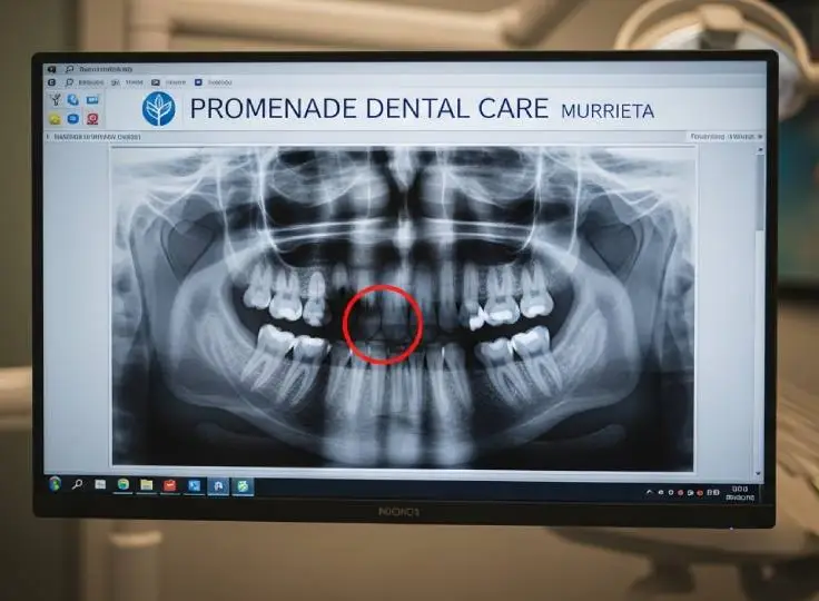 Digital dental X-ray with early tooth decay circled during a Murrieta checkup