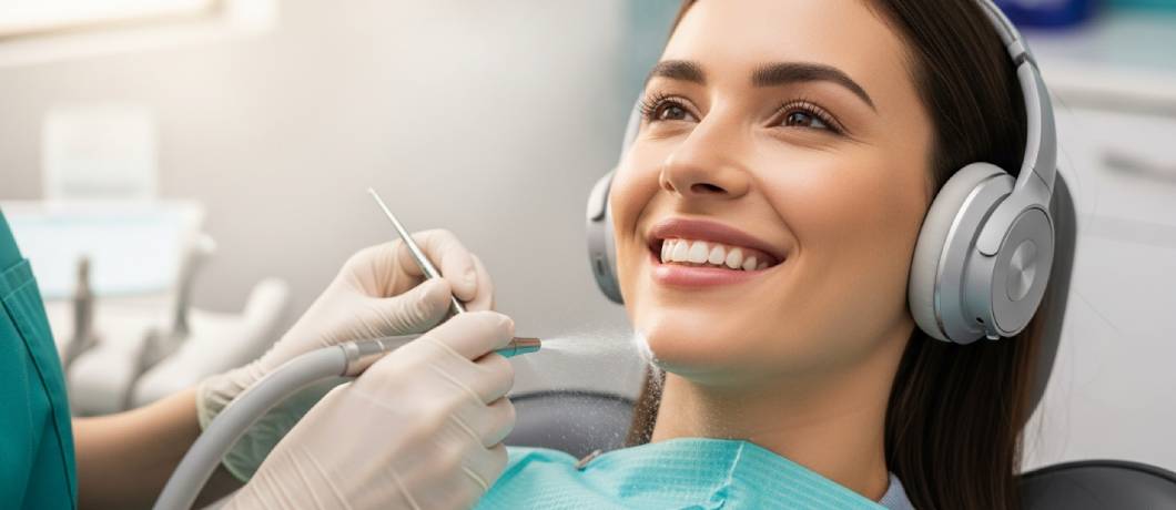 Patient relaxing with headphones during a gentle dental cleaning in Murrieta