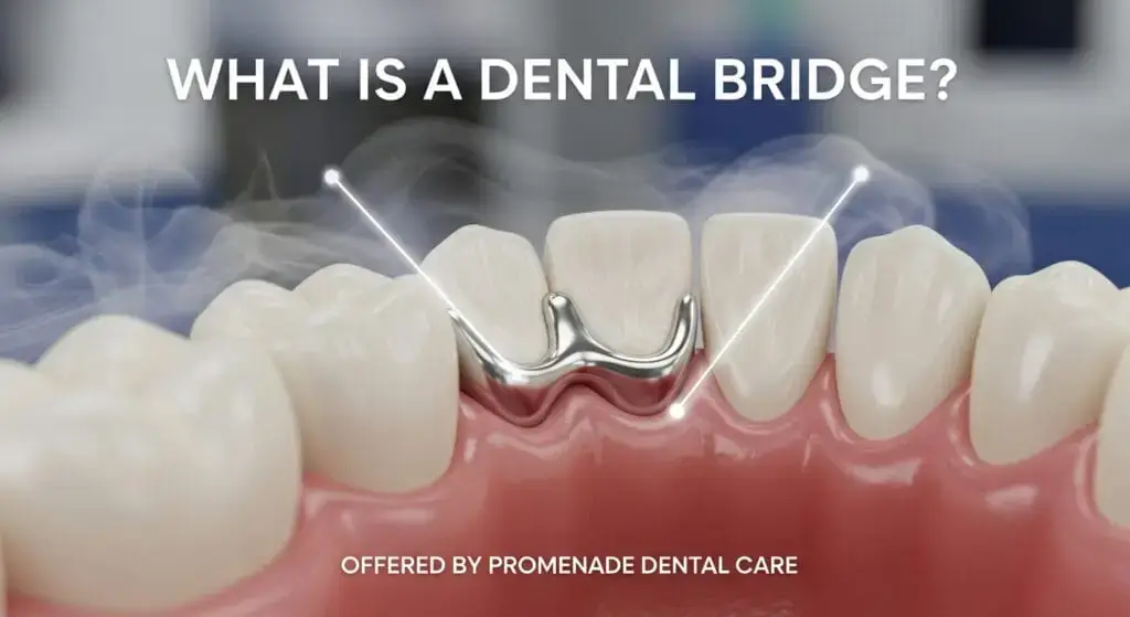 Diagram of a fixed dental bridge seated on two prepared abutment teeth, as explained by Dr. Bao Nguyen, DDS at Promenade Dental Care in Murrieta, CA