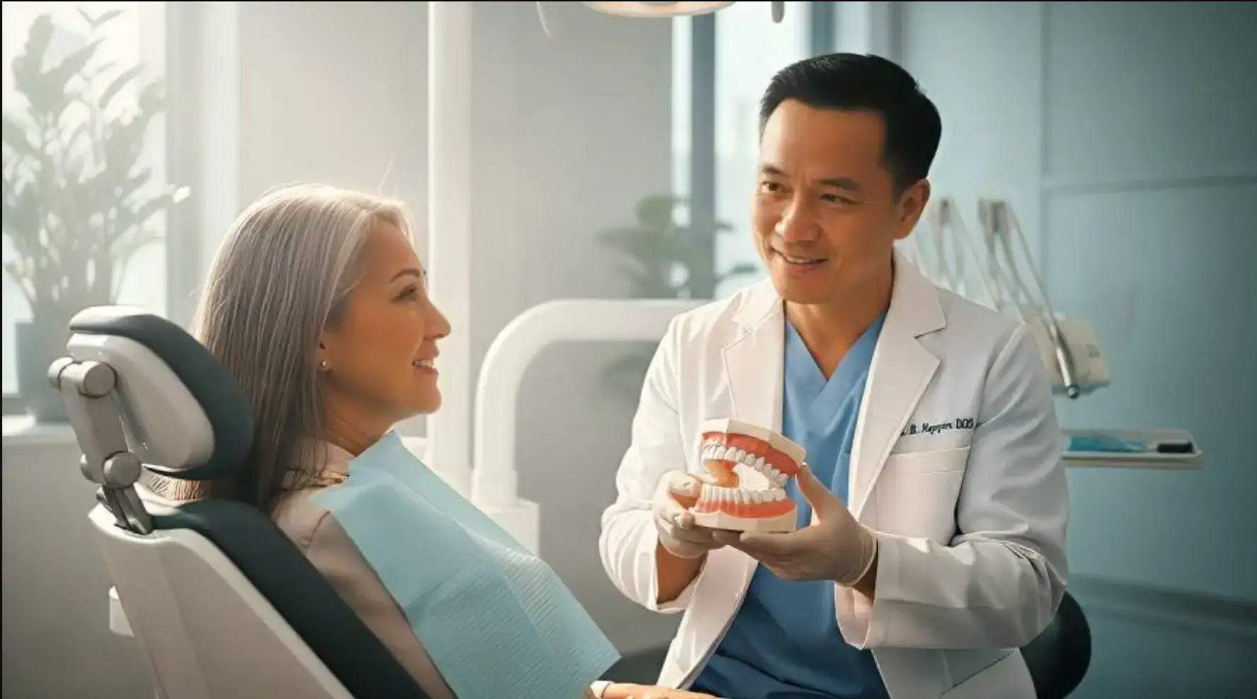 Dr. Bao Nguyen reviewing Murrieta custom denture options with a patient at Promenade Dental Care