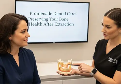 Illustration of jawbone preservation around a dental implant compared with bone loss under a dental bridge