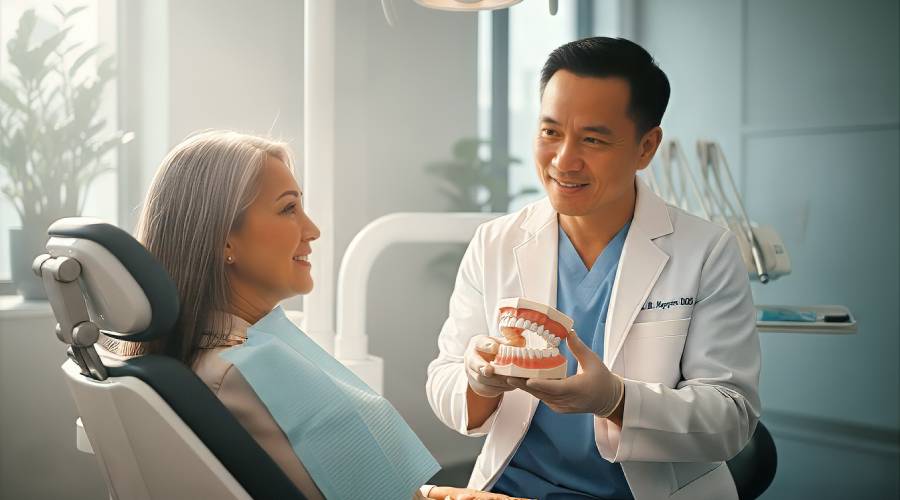 Dr. Bao Nguyen discussing custom denture options with a patient at Promenade Dental Care in Murrieta, CA